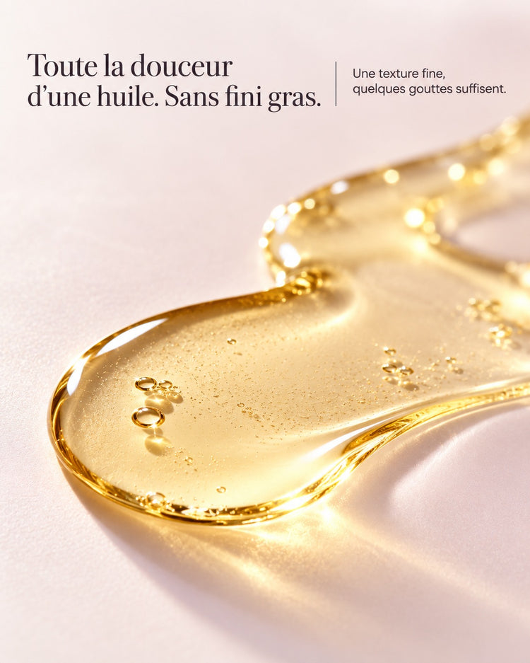 Texture fine et dorée d’une huile visage sur une surface claire. Toute la douceur d’une huile. Sans fini gras. — Une texture fine, quelques gouttes suffisent.