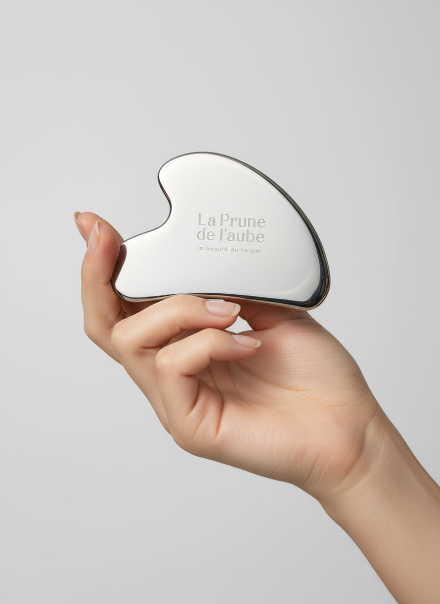 Main féminine tenant un Gua Sha en acier inoxydable pour massage du visage