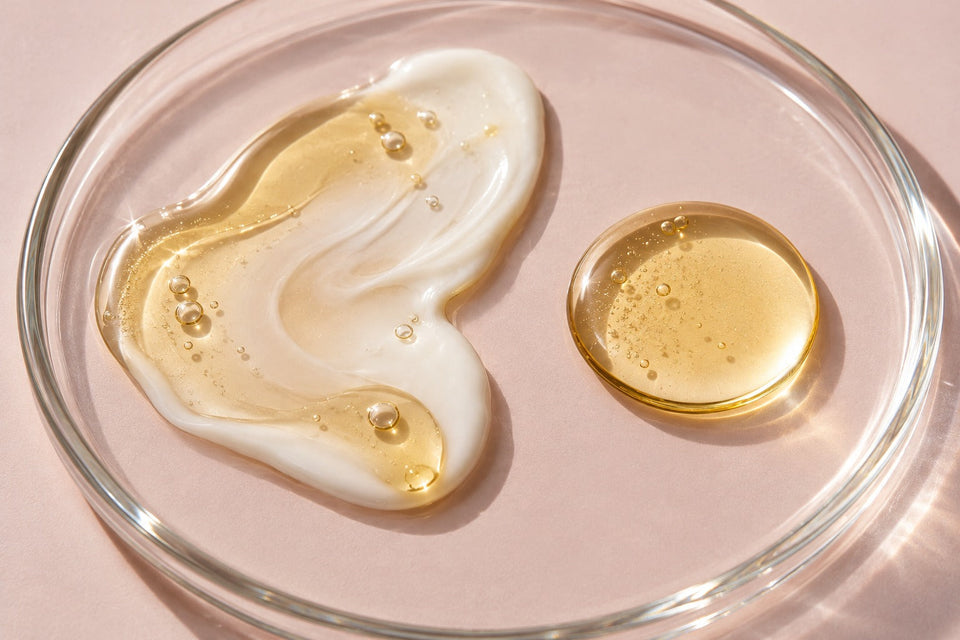 Deux textures cosmétiques, une émulsion blanche et une huile dorée, sur une plaque de verre.