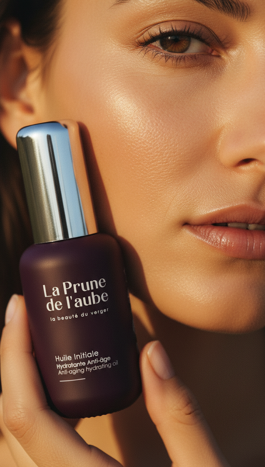 L’Huile Initiale, flacon de 30 ml présenté près du visage