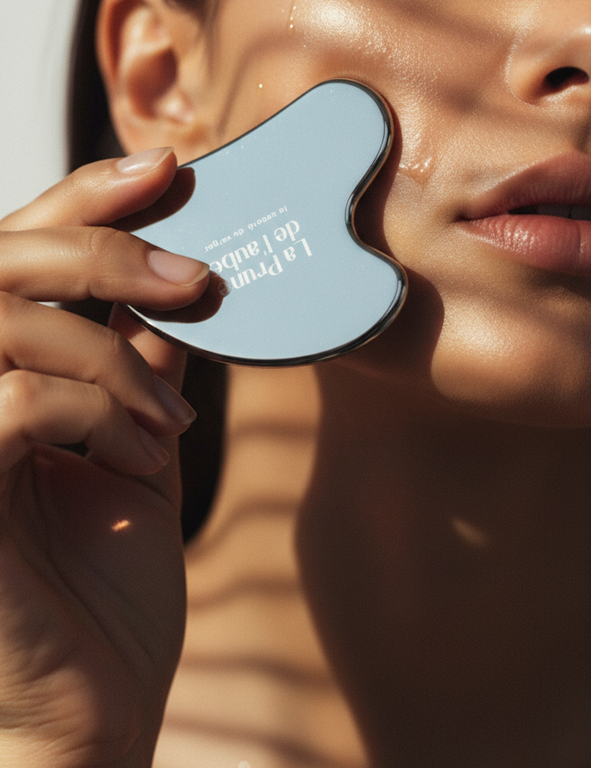 Femme réalisant un massage visage liftant avec un gua sha en acier inoxydable, geste soin anti-âge naturel pour drainer et lisser la peau