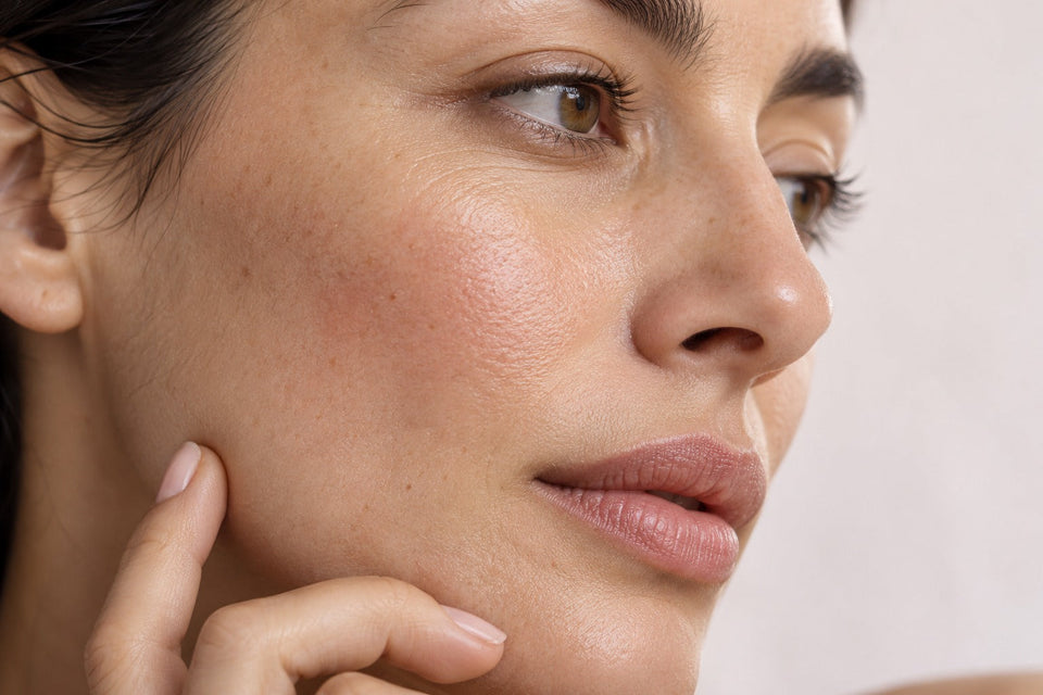 Gros plan d’une joue avec un doigt posé près de la mâchoire et la texture naturelle de la peau visible.