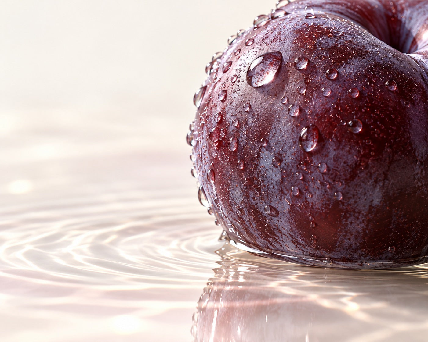 Gros plan d’une prune violette couverte de gouttes d’eau, avec son reflet sur une surface claire.